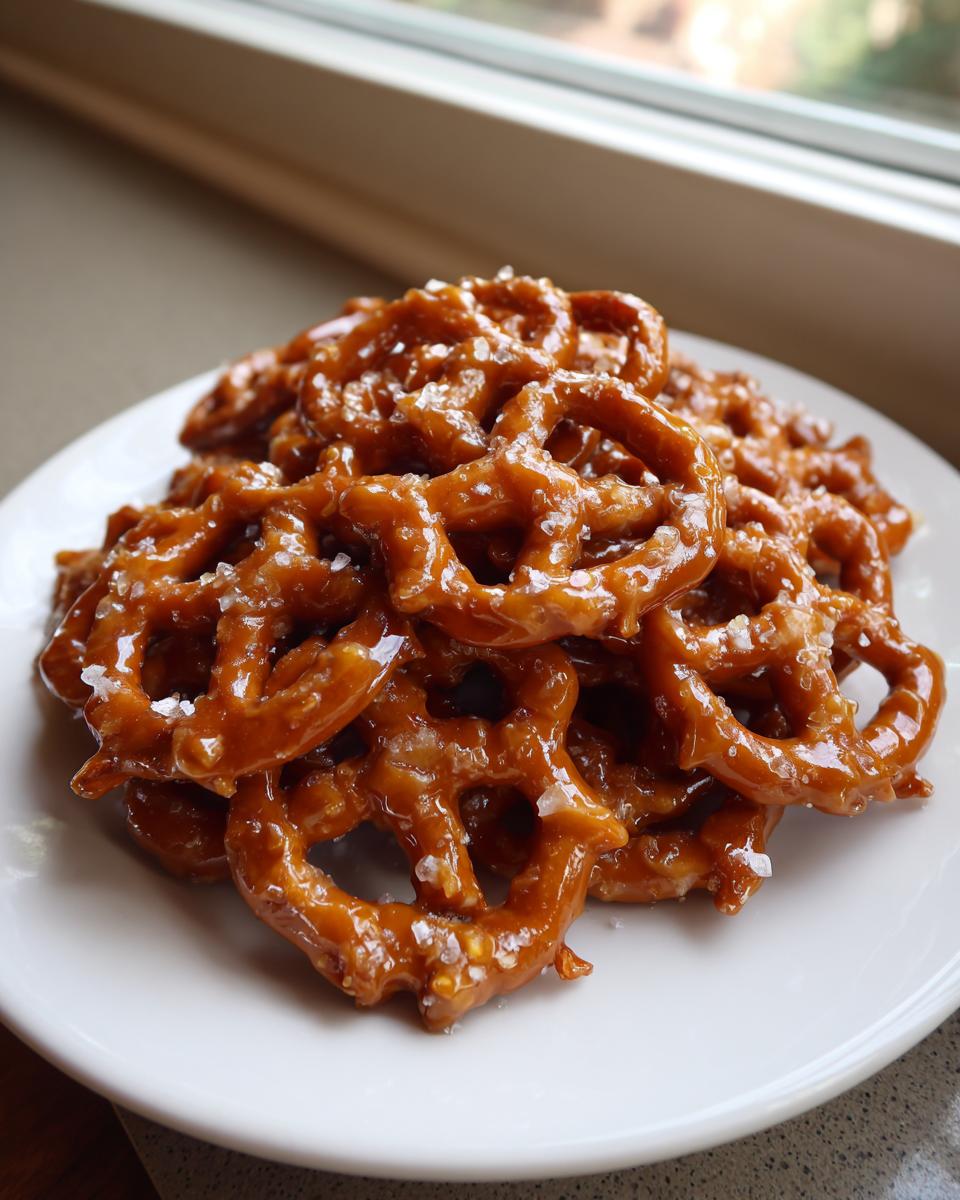 A close-up of a pile of crunchy pretzels coated in glossy toffee glaze and sprinkled with coarse sea salt, ready to eat.