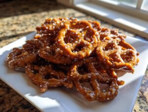 A close-up of a pile of shiny, glazed toffee pretzels sprinkled with coarse sea salt on a white plate.