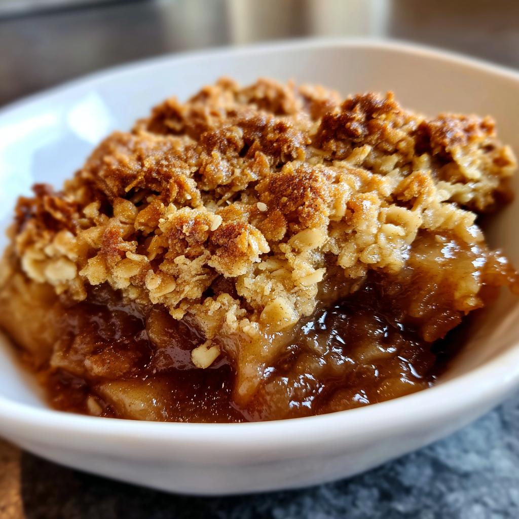 Close-up of a serving of apple crisp recipe showing gooey caramelized apples beneath a crunchy oat topping in a white bowl.