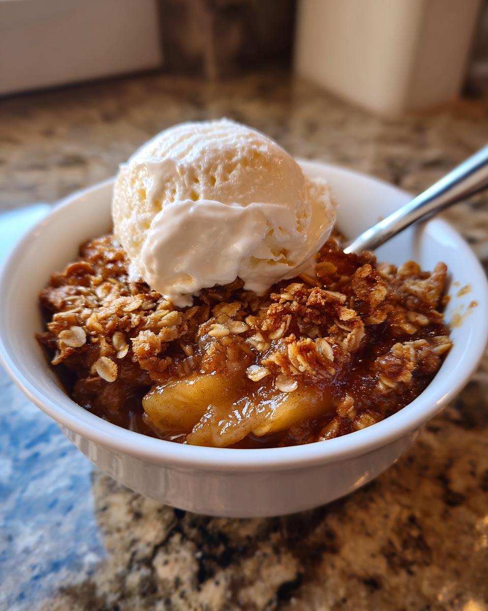 Close-up of a warm apple crisp recipe serving topped with a scoop of melting vanilla ice cream in a white bowl.
