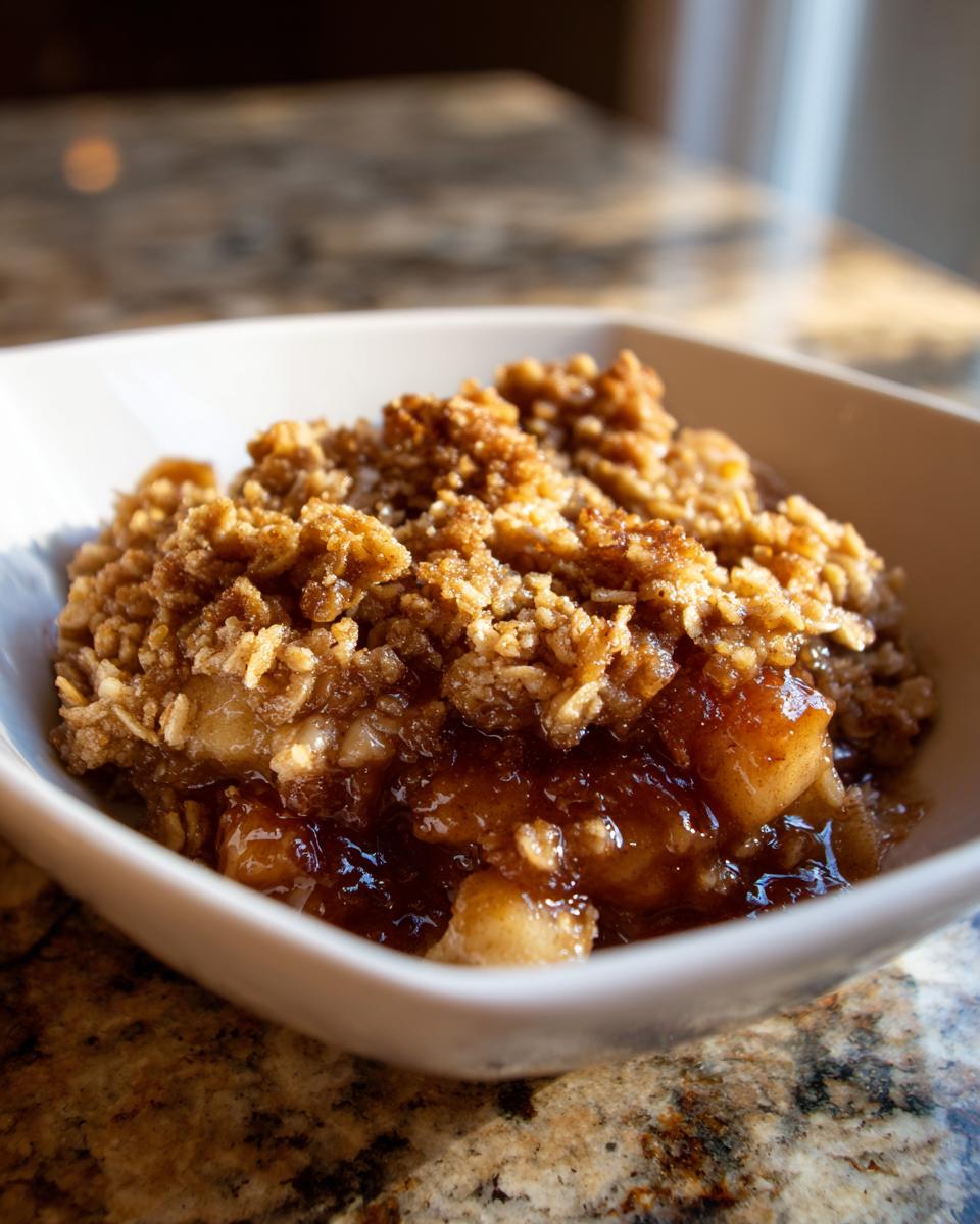 Close-up of a warm serving of apple crisp recipe with gooey caramelized apples and crunchy oat topping in a white bowl.