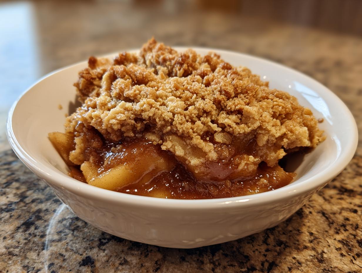 Close-up of a serving of warm apple crisp recipe in a white bowl, featuring gooey spiced apples and a crunchy topping.