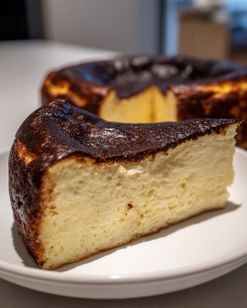 A thick slice of creamy Basque cheesecake with a signature dark, caramelized top resting on a white plate.