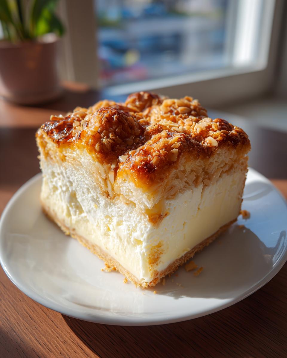 A thick slice of bee sting cake showing layers of crust, creamy filling, and caramelized almond topping.