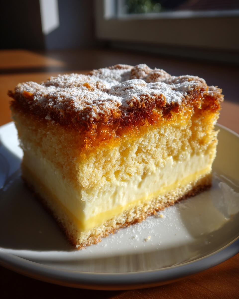 A square slice of bee sting cake featuring a thick cream filling, sponge cake layers, and a caramelized, powdered sugar-dusted top.