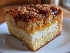 Close-up of a moist slice of bee sting cake showing layers of sponge, white cream filling, and caramelized nut topping.