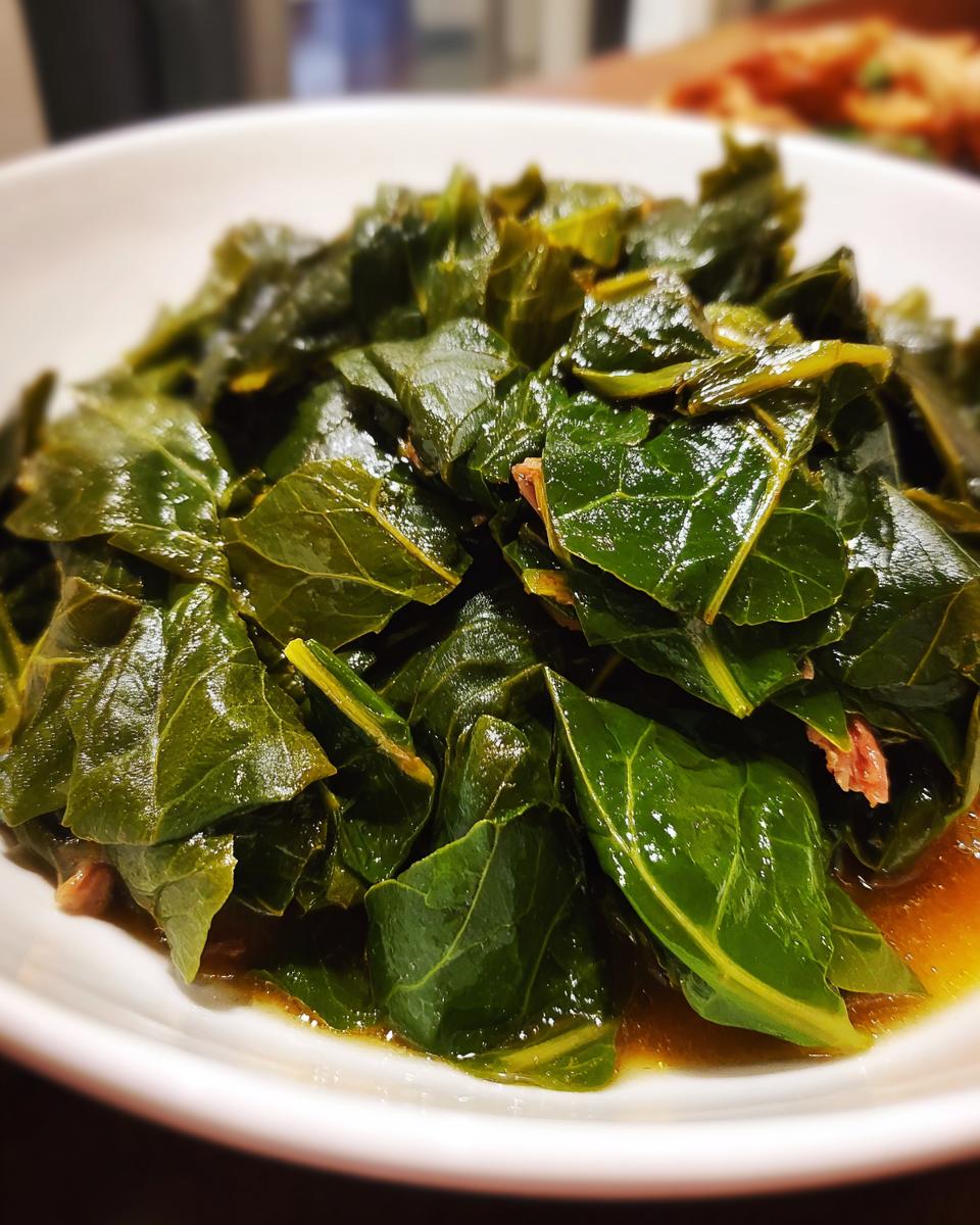 Close-up of tender, glossy collard greens served in a white bowl with rich pot liquor.