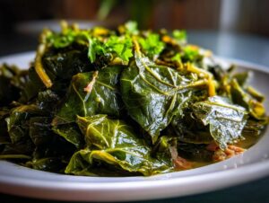 Close-up of perfectly cooked, glossy collard greens served in a white bowl, garnished with fresh parsley.