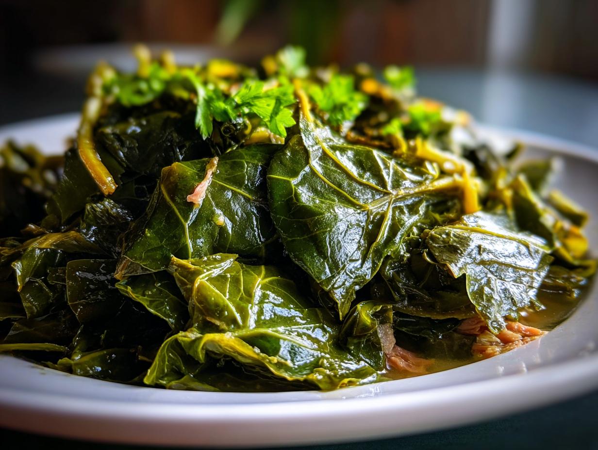 Close-up of perfectly cooked, glossy collard greens served in a white bowl, garnished with fresh parsley.