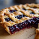 Close-up of a slice of homemade blackberry pie showing the rich, dark filling and golden lattice crust.