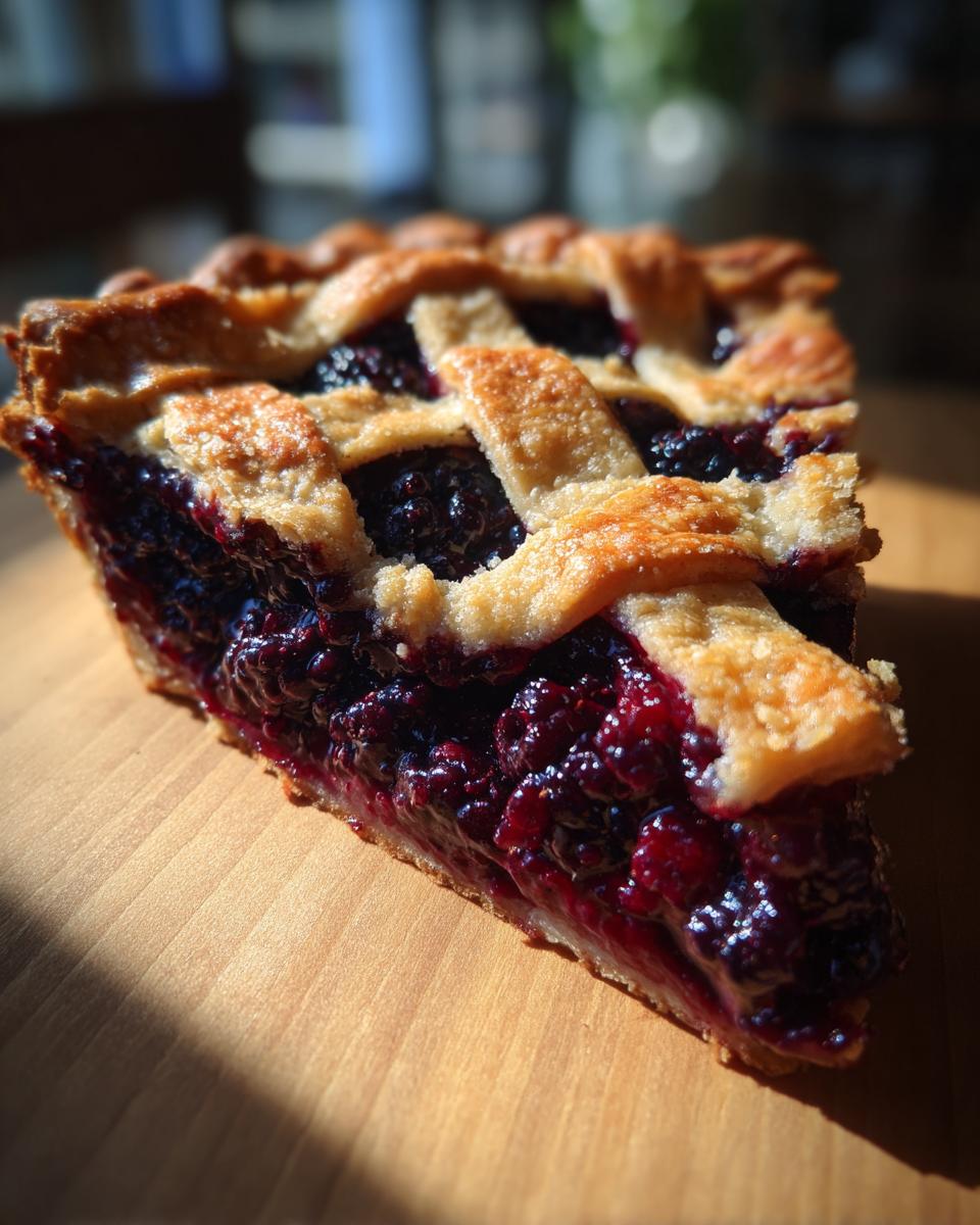 A close-up, sunlit slice of homemade blackberry pie showing a thick, juicy filling and golden lattice crust.