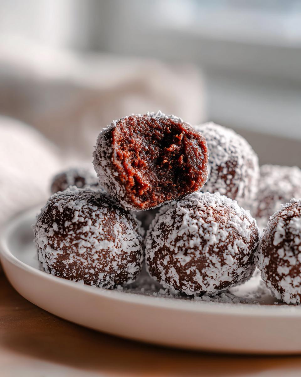 A stack of rich, dark chocolate bourbon balls rolled in powdered sugar, with one cut open to show the dense interior.