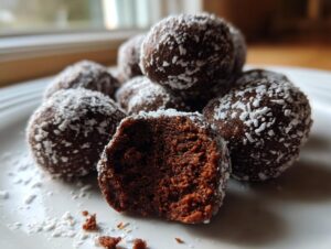 A close-up of rich, dark chocolate bourbon balls dusted with powdered sugar, one is broken open.
