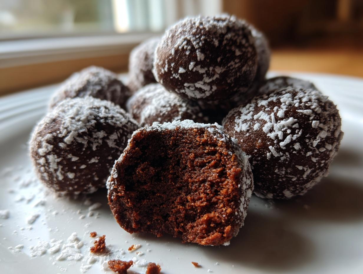 A close-up of rich, dark chocolate bourbon balls dusted with powdered sugar, one is broken open.