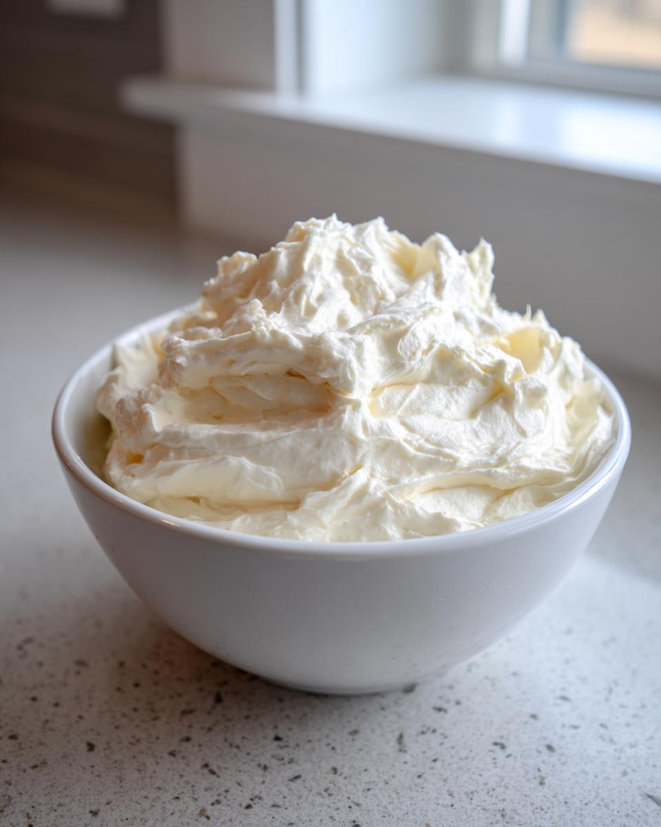 A white bowl filled with freshly whipped, fluffy vanilla buttercream frosting sitting on a speckled countertop.