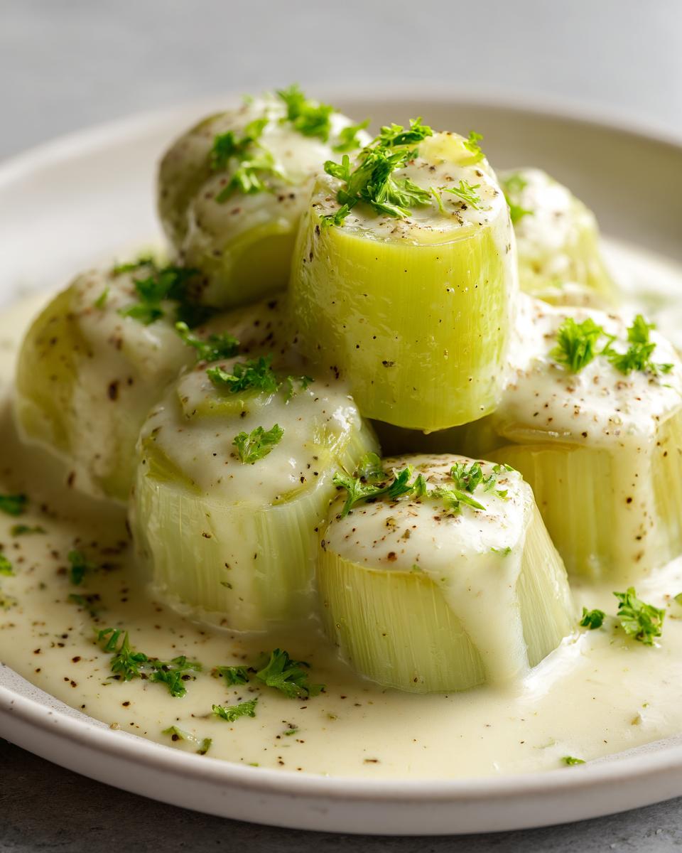 Close-up of tender braised leeks topped with a creamy white wine sauce and fresh parsley.