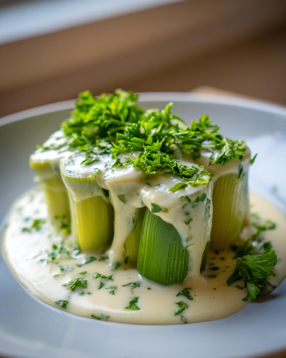 Close-up of tender braised leeks covered in a rich white wine sauce and topped with fresh parsley.