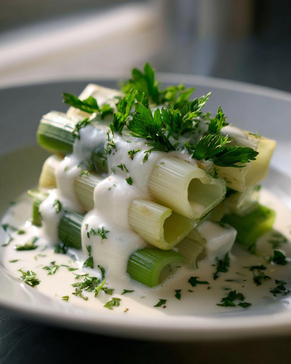 Close-up of tender braised leeks stacked and covered in a rich white wine sauce, garnished with fresh parsley.