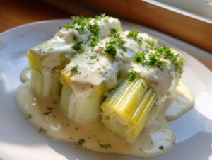Three pieces of tender braised leeks covered in a creamy white wine sauce and topped with fresh parsley.
