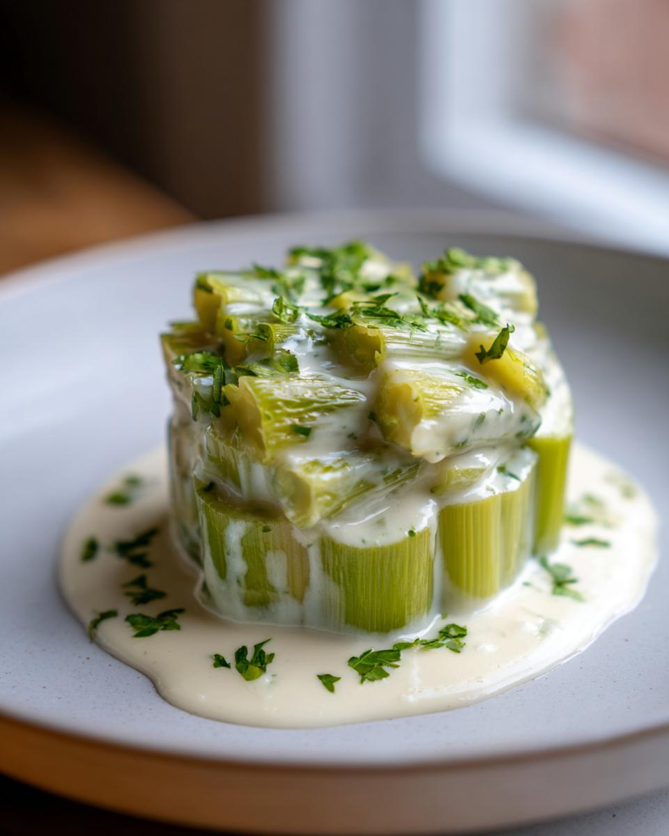 A stack of tender braised leeks covered in a creamy white sauce and sprinkled with fresh parsley.