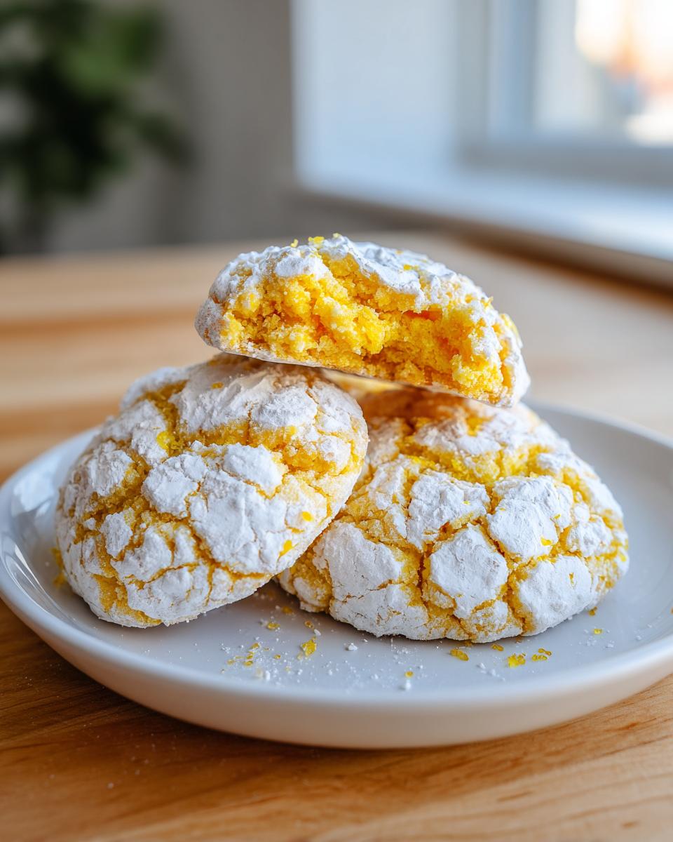 A stack of three bright yellow lemon crinkle cookies coated in powdered sugar, with one cookie broken open to show the soft interior.