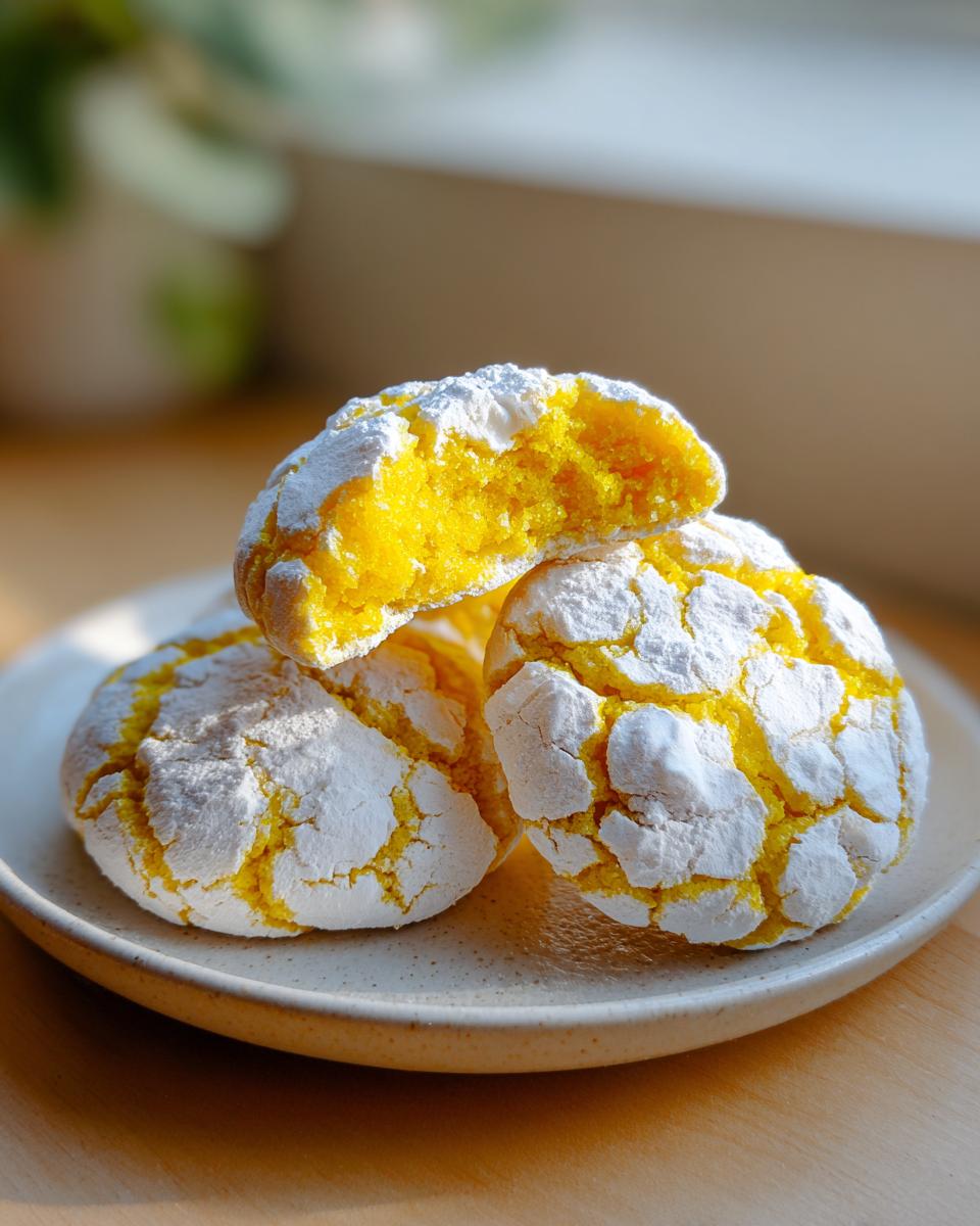 Close-up of three bright yellow lemon crinkle cookies dusted heavily with powdered sugar, one is broken in half.
