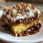 A moist slice of butter pecan praline poke cake topped with whipped cream and chopped pecans.