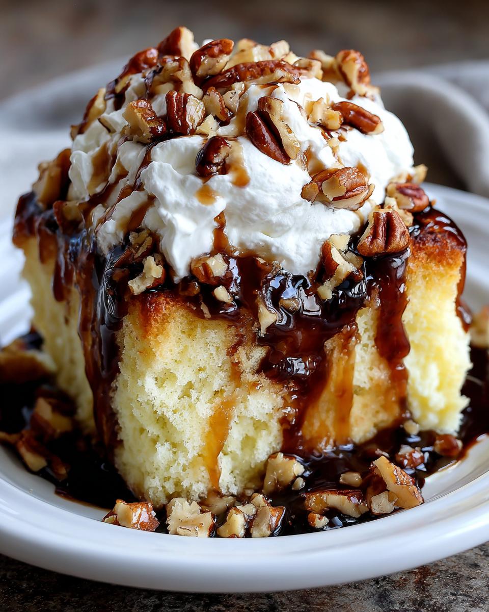 A decadent slice of butter pecan praline poke cake topped with whipped cream, caramel sauce, and chopped pecans.