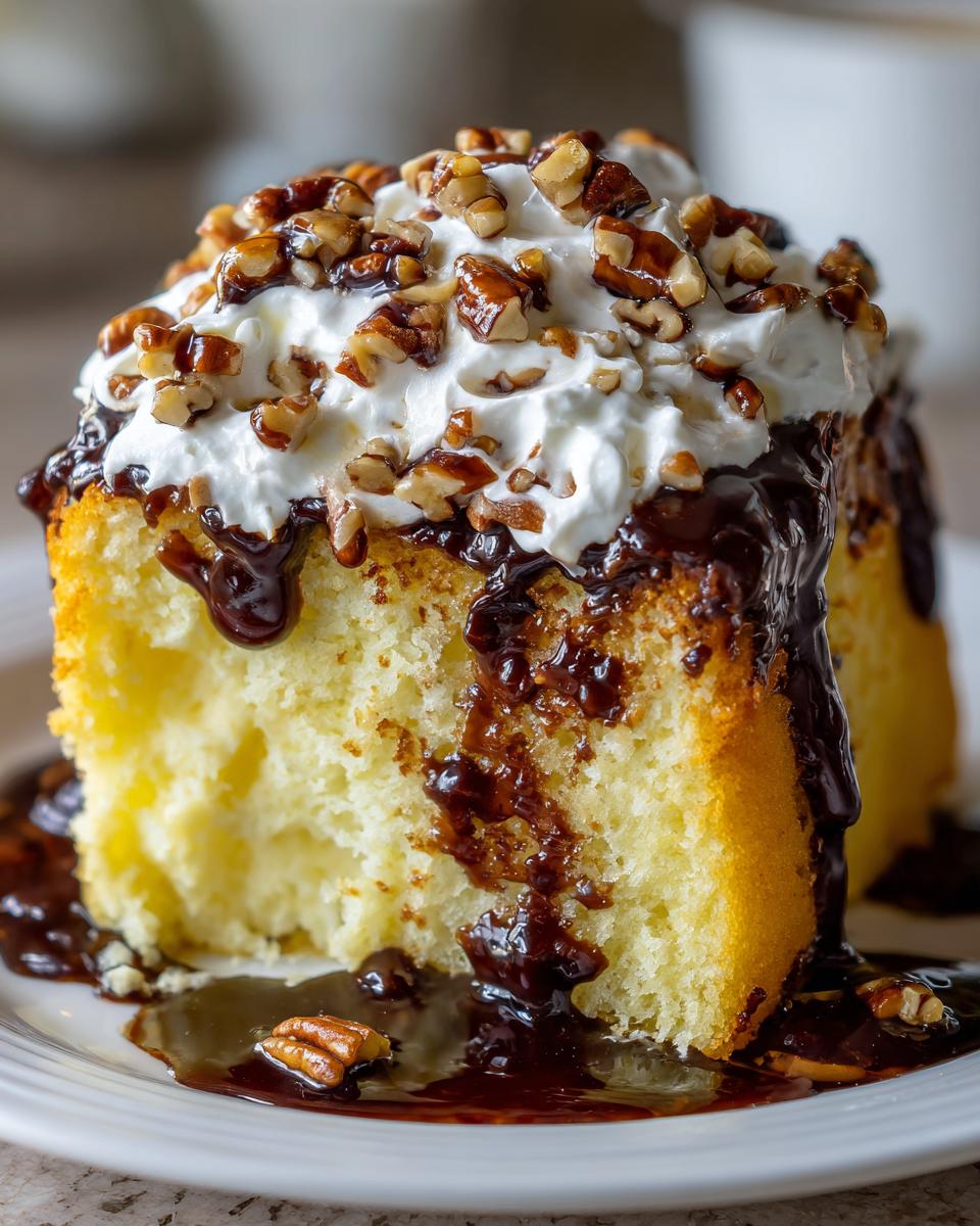 Close-up of a moist slice of butter pecan praline poke cake topped with whipped cream, chocolate sauce, and pecans.