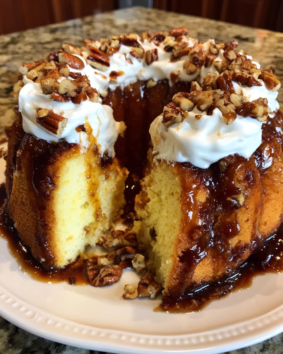 A slice removed from a bundt-style butter pecan praline poke cake, showing the moist interior, caramel sauce, whipped cream, and pecans.
