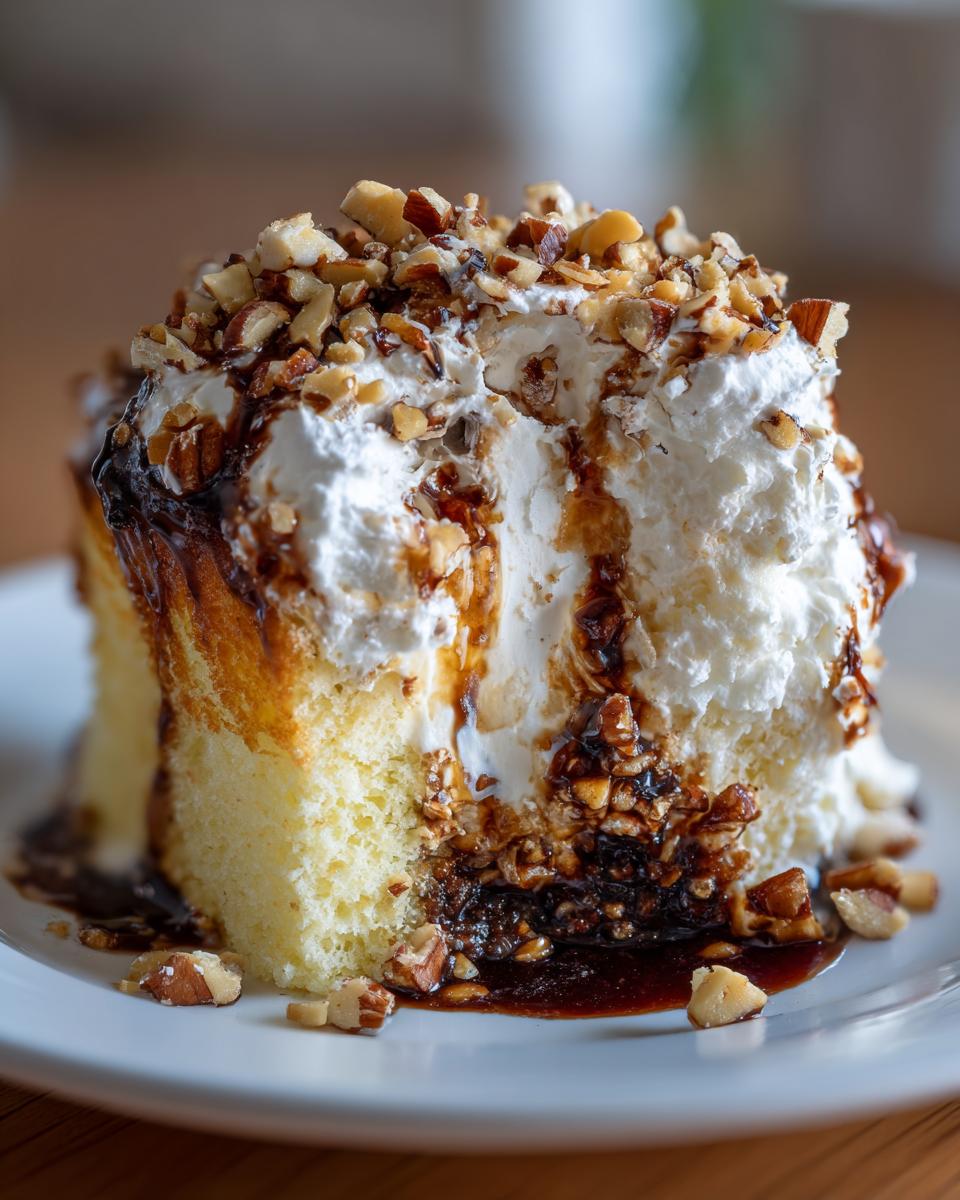 Close-up of a moist slice of butter pecan praline poke cake topped with whipped cream, caramel sauce, and chopped pecans.