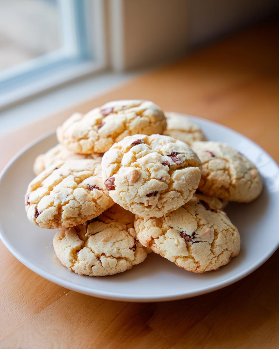 A stack of soft, crinkled cannoli cookies with chocolate chips piled on a white plate.