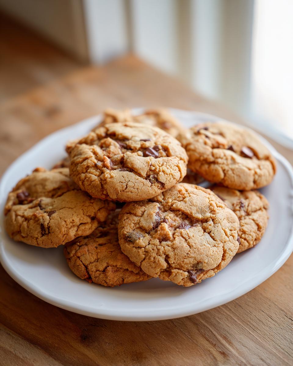 A stack of golden brown, crinkly cannoli cookies with chocolate chips piled on a white plate.