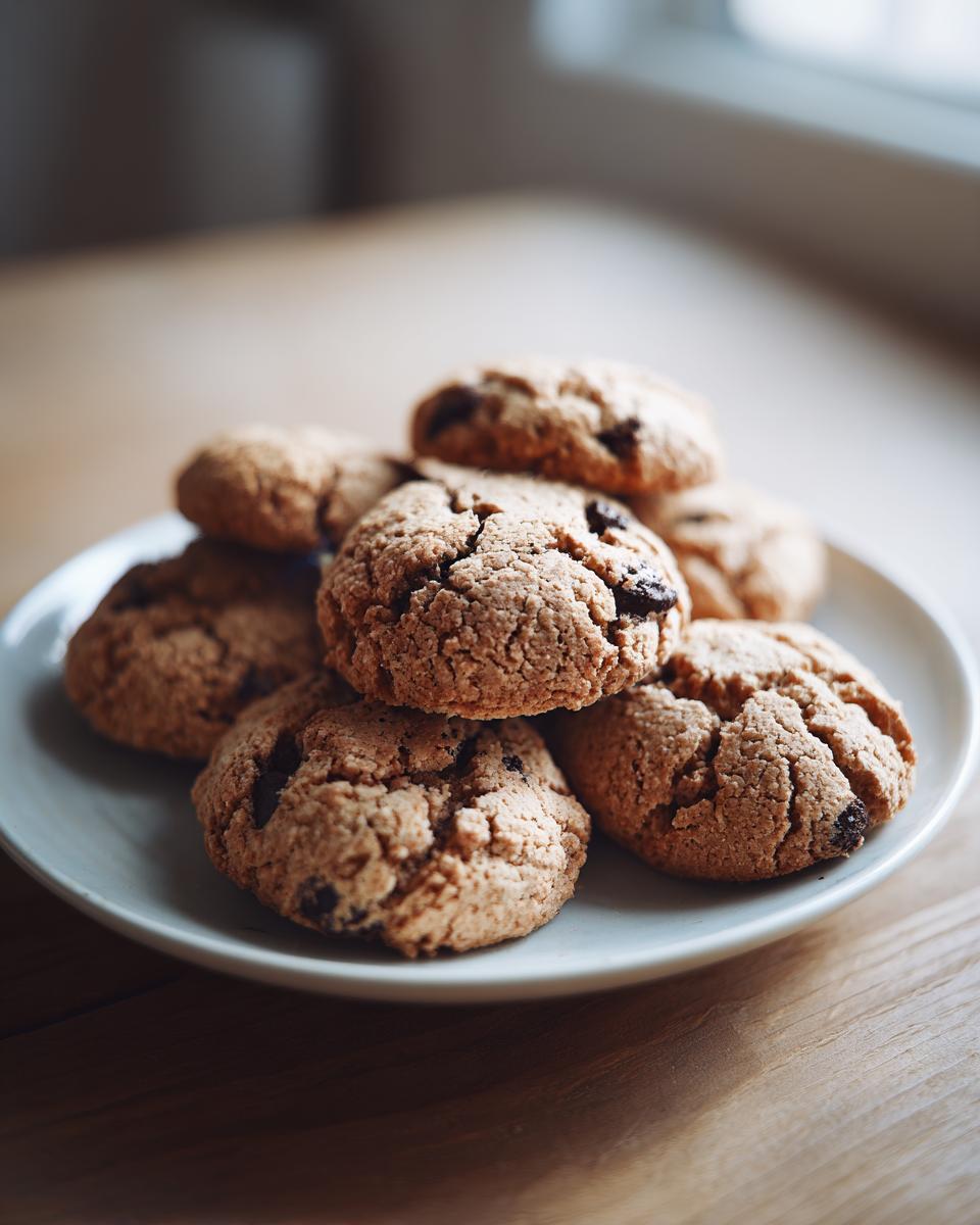 A close-up of several textured cannoli cookies with chocolate chips piled on a light blue plate.