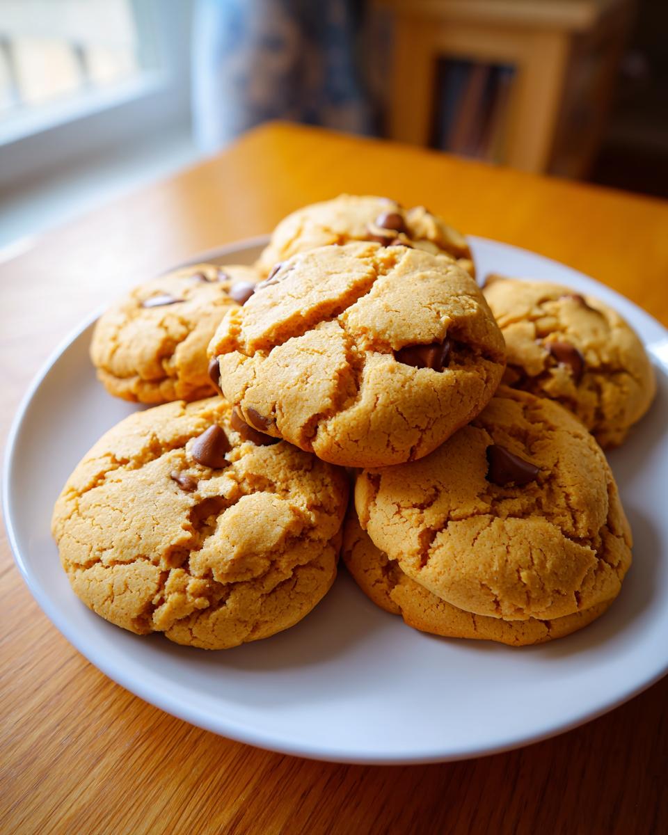 A stack of golden brown, crackled cannoli cookies dotted with chocolate chips on a white plate.