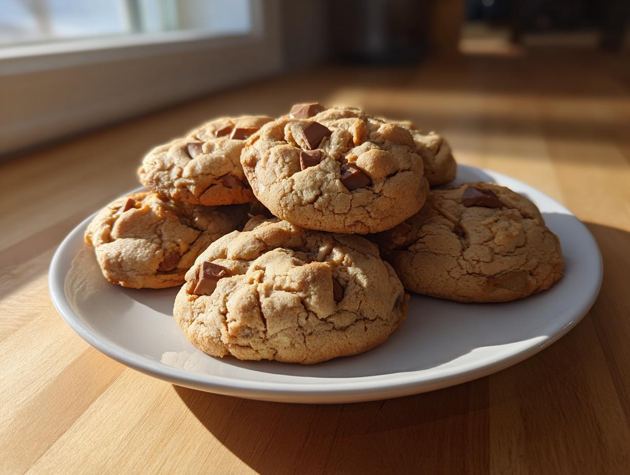 A stack of golden brown cannoli cookies with visible chocolate chunks resting on a white plate.