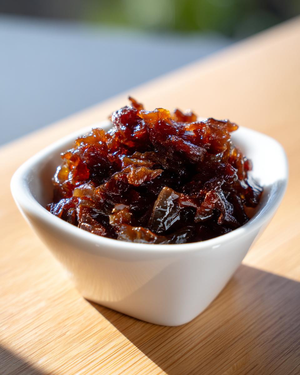 A close-up of deeply rich, dark brown caramelized onions served in a small white square bowl.