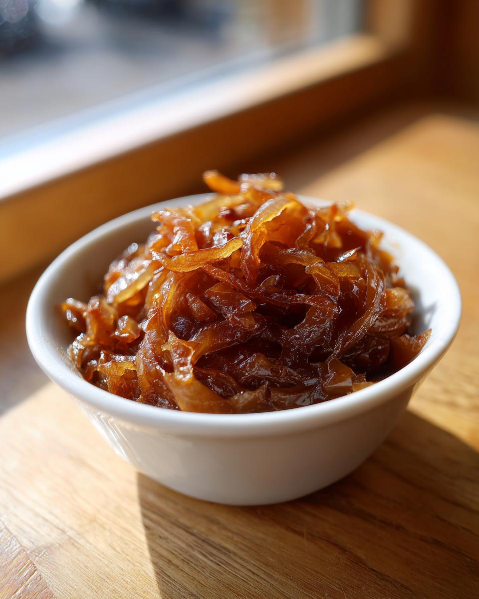A close-up of deeply rich, brown caramelized onions served in a small white bowl.