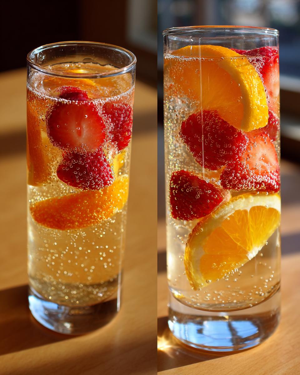 Two tall glasses filled with sparkling champagne punch, garnished with bright orange slices and fresh strawberries.