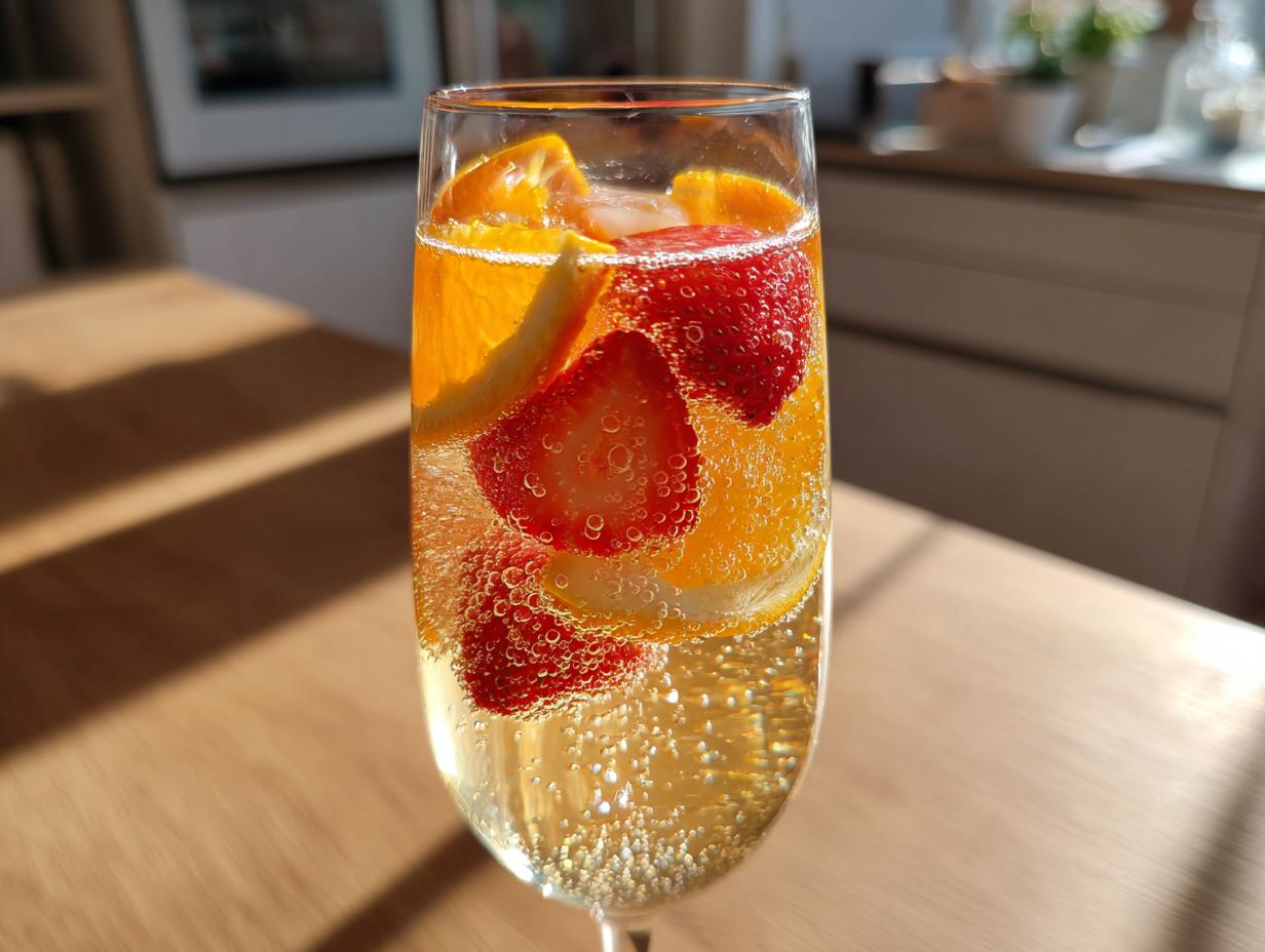Close-up of a flute glass filled with bubbly champagne punch, garnished with sliced strawberries and orange wedges.