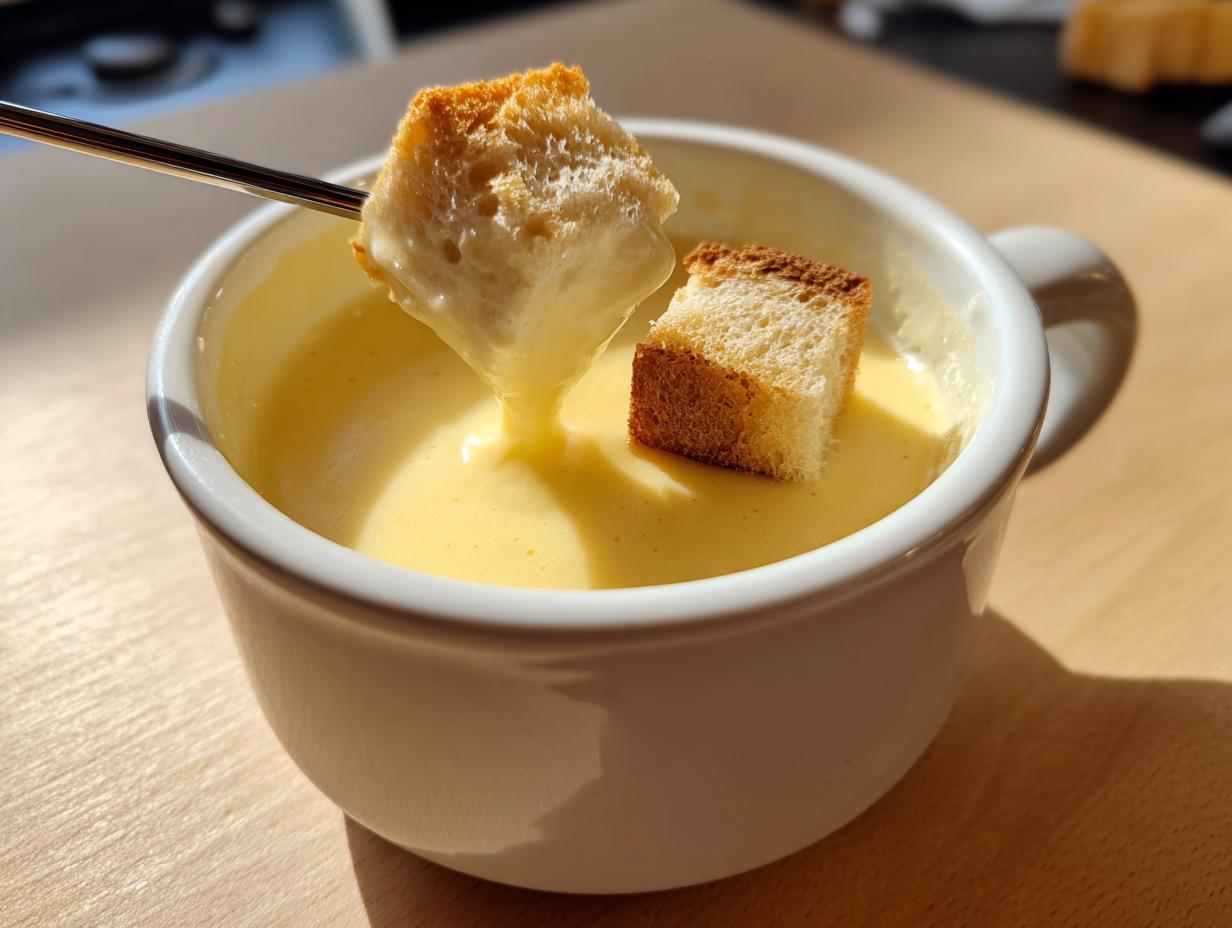 A piece of toasted bread being dipped into a white mug filled with smooth, yellow cheese fondue recipe.