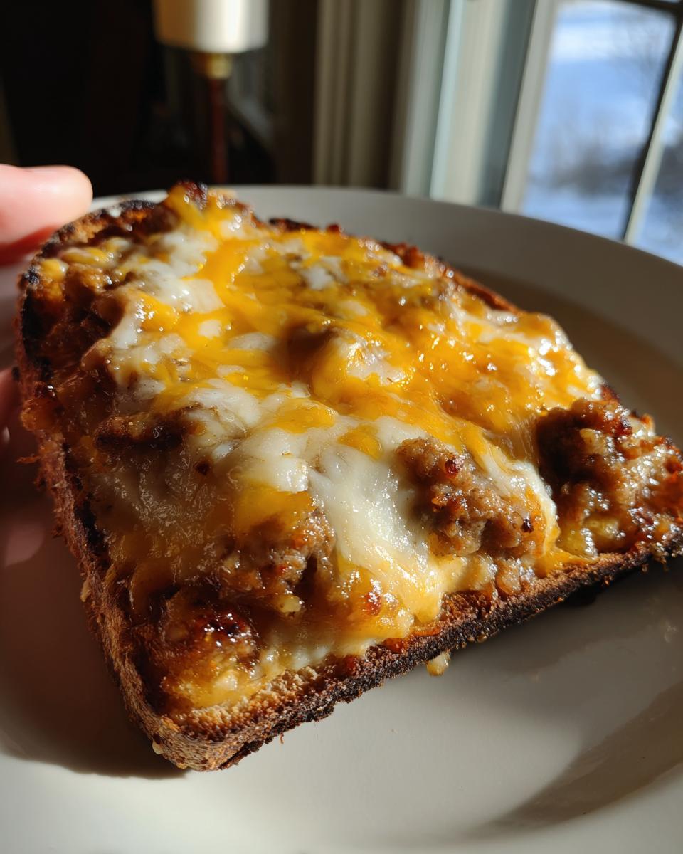 A close-up of a slice of toast topped with the savory meat mixture and melted cheddar and Monterey Jack cheese from the hanky panky recipe.