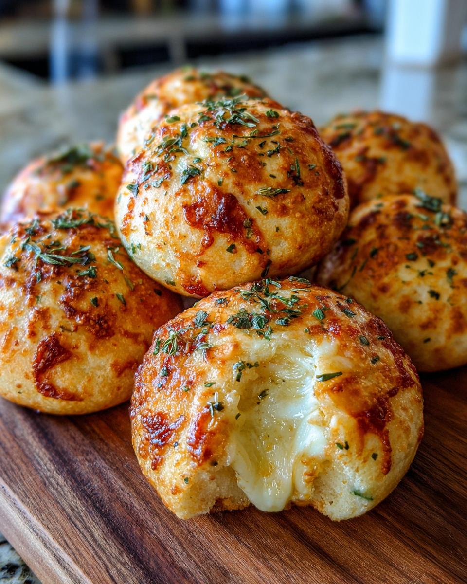 Close-up of several golden brown pizza bites stacked on a wooden board, one showing melted cheese pull.
