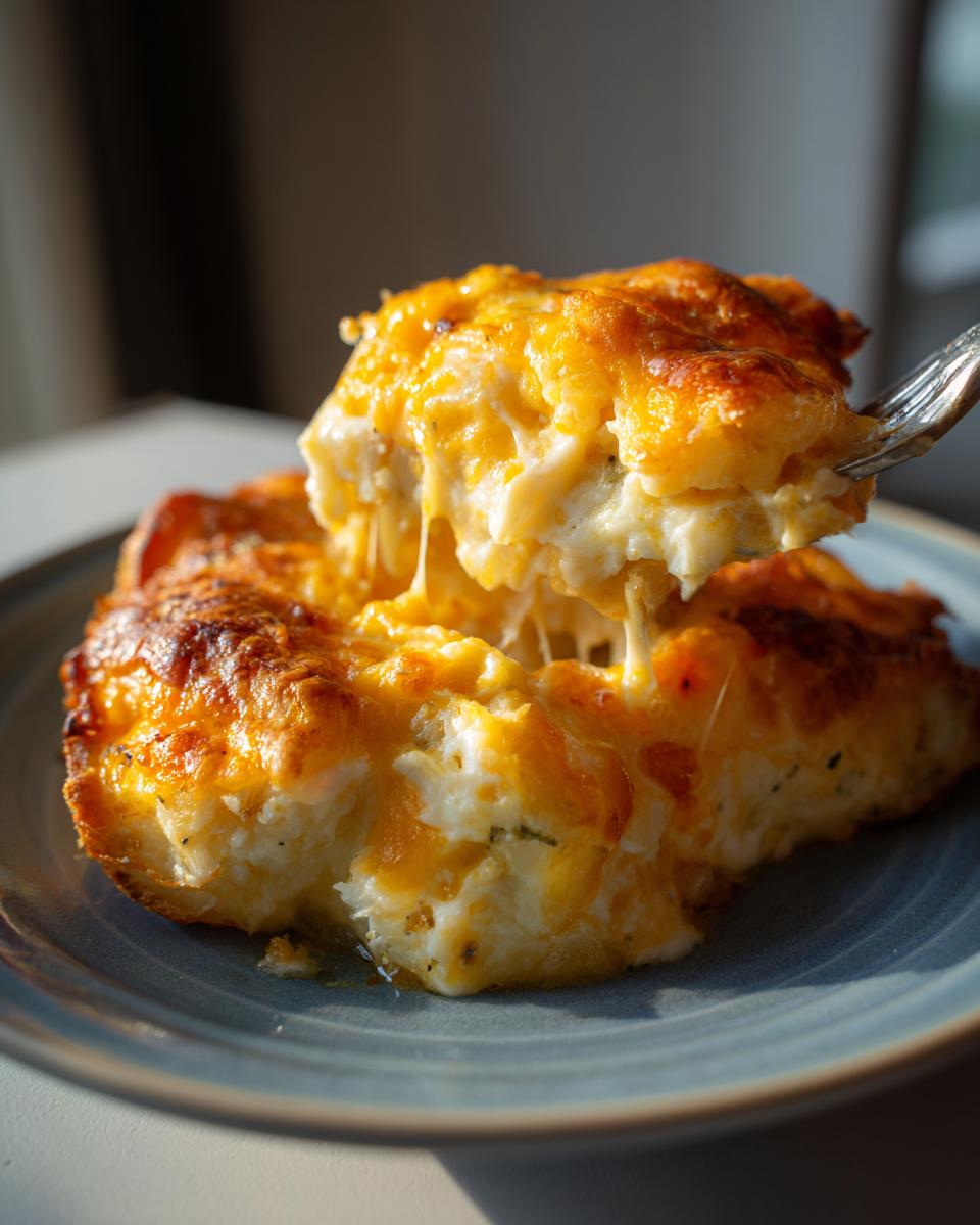 A fork lifts a portion of cheesy potato casserole, showing a dramatic cheese pull from the rich, baked topping.