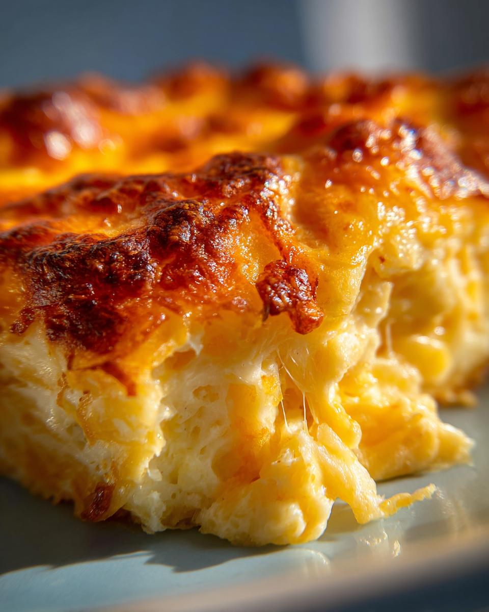 Extreme close-up of a serving of cheesy potato casserole, showing a golden-brown, bubbly cheese crust and stringy melted cheese inside.