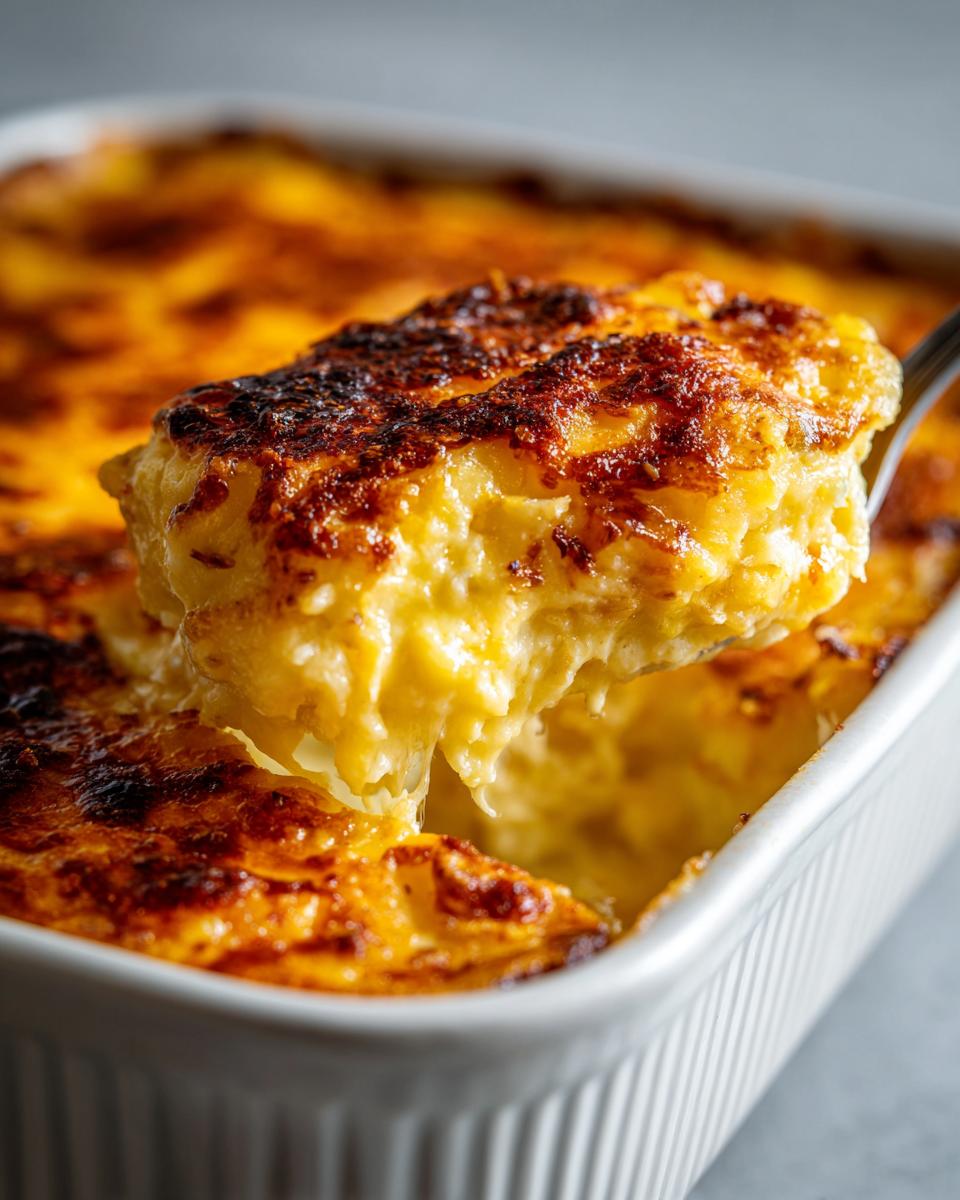 A spoonful of creamy, baked cheesy potato casserole with a golden-brown, caramelized top being lifted from a white baking dish.