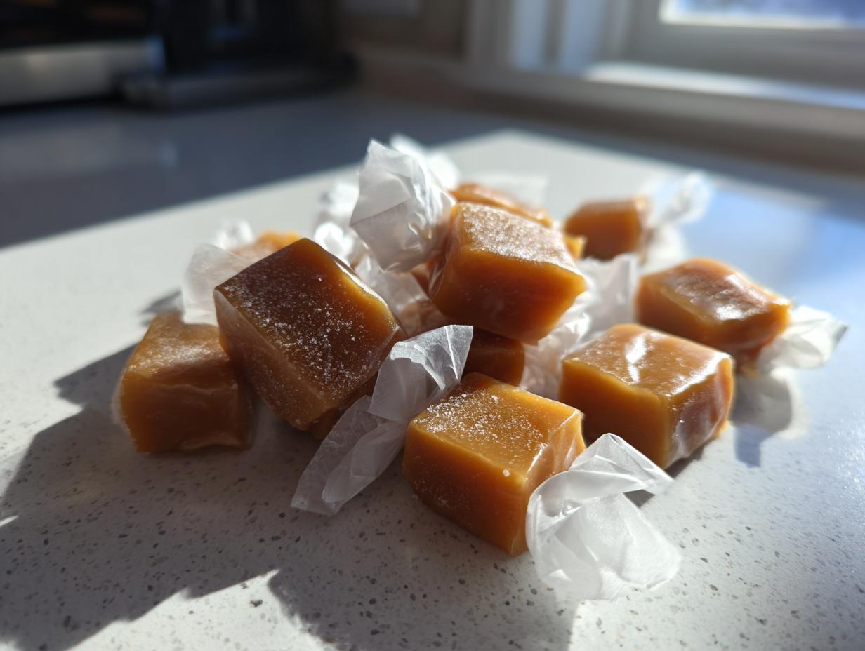 A pile of chewy homemade caramel squares partially wrapped in white wax paper, glistening in sunlight.