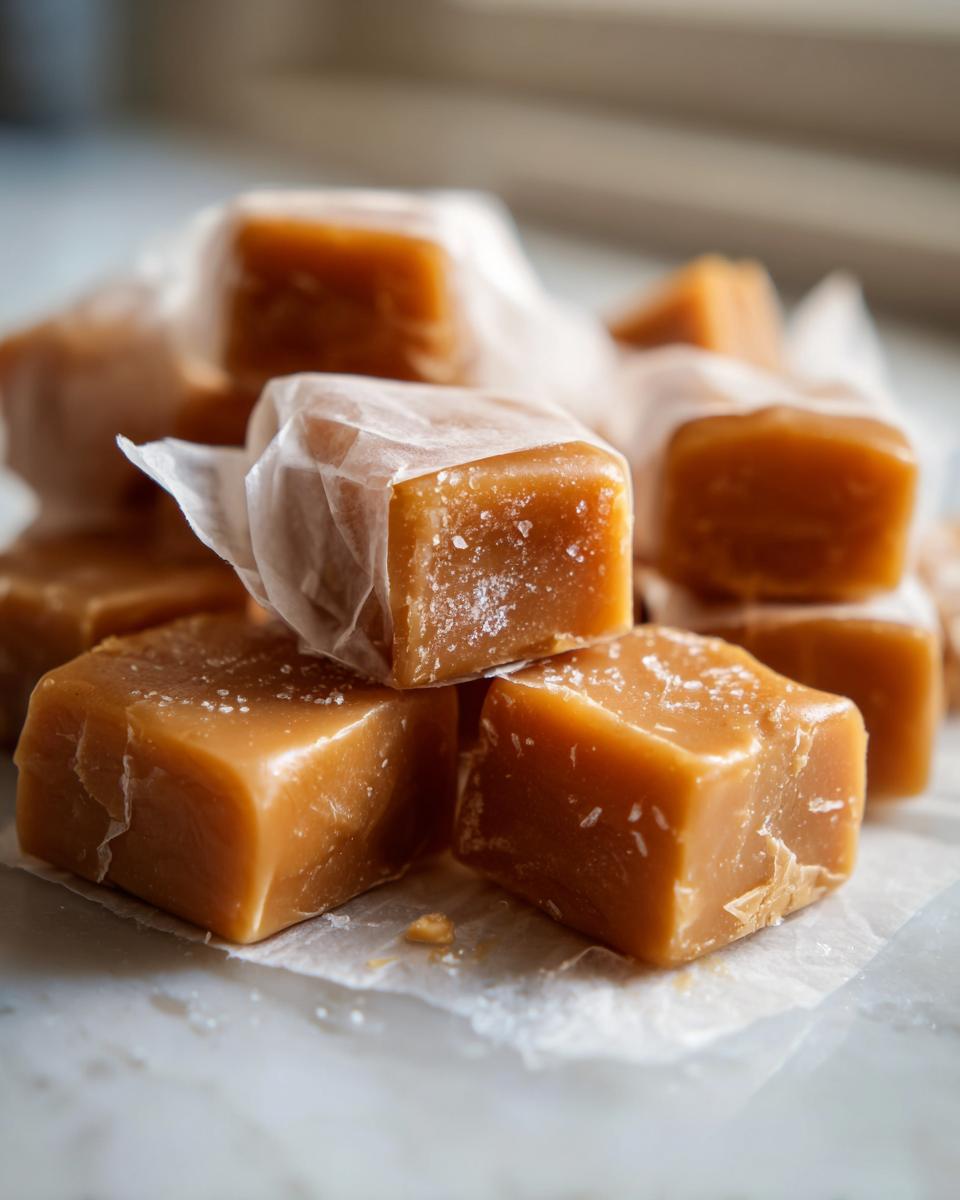 Close-up of chewy homemade caramel squares, some wrapped in wax paper, sprinkled with sea salt.