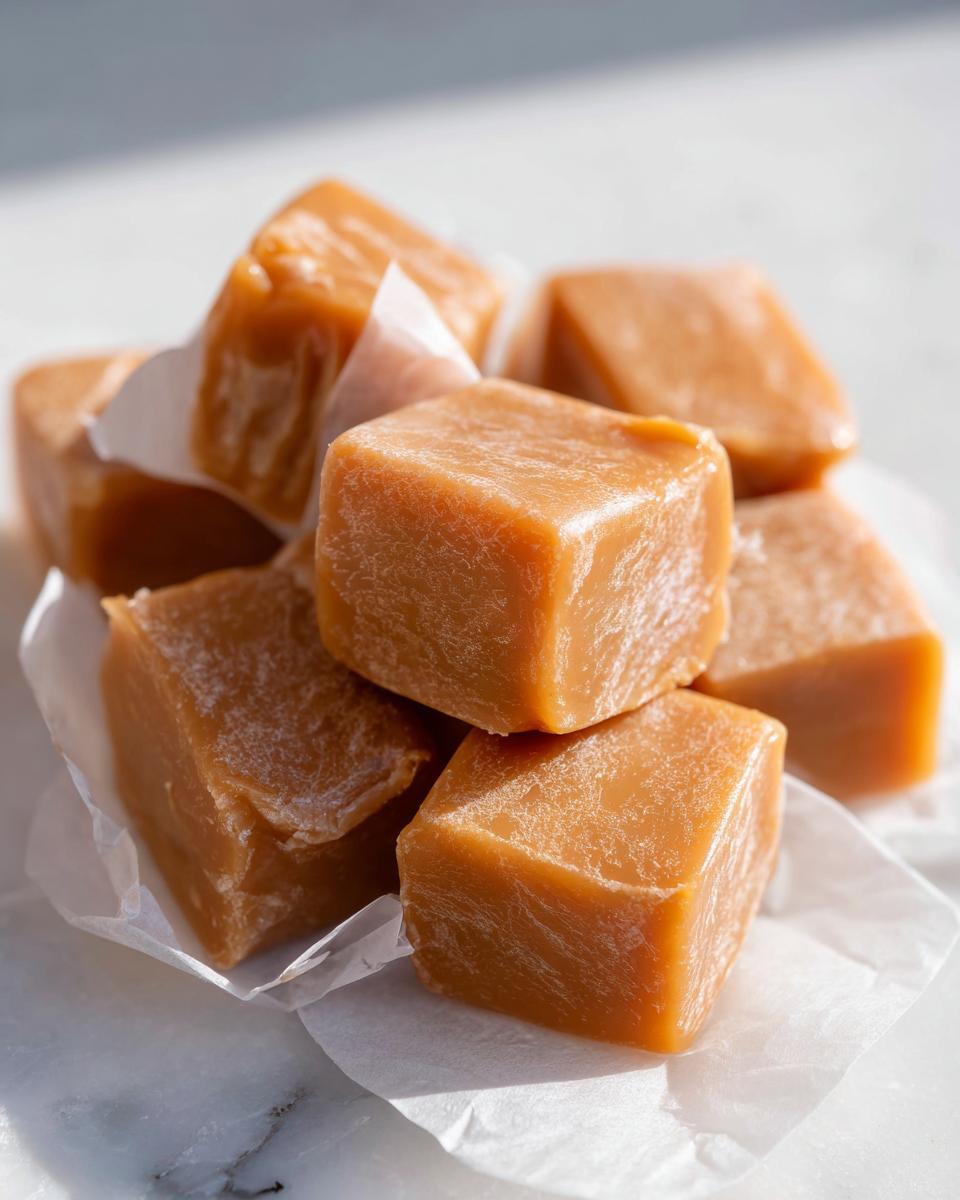 A stack of chewy homemade caramel squares resting on small pieces of white wax paper, ready to eat.