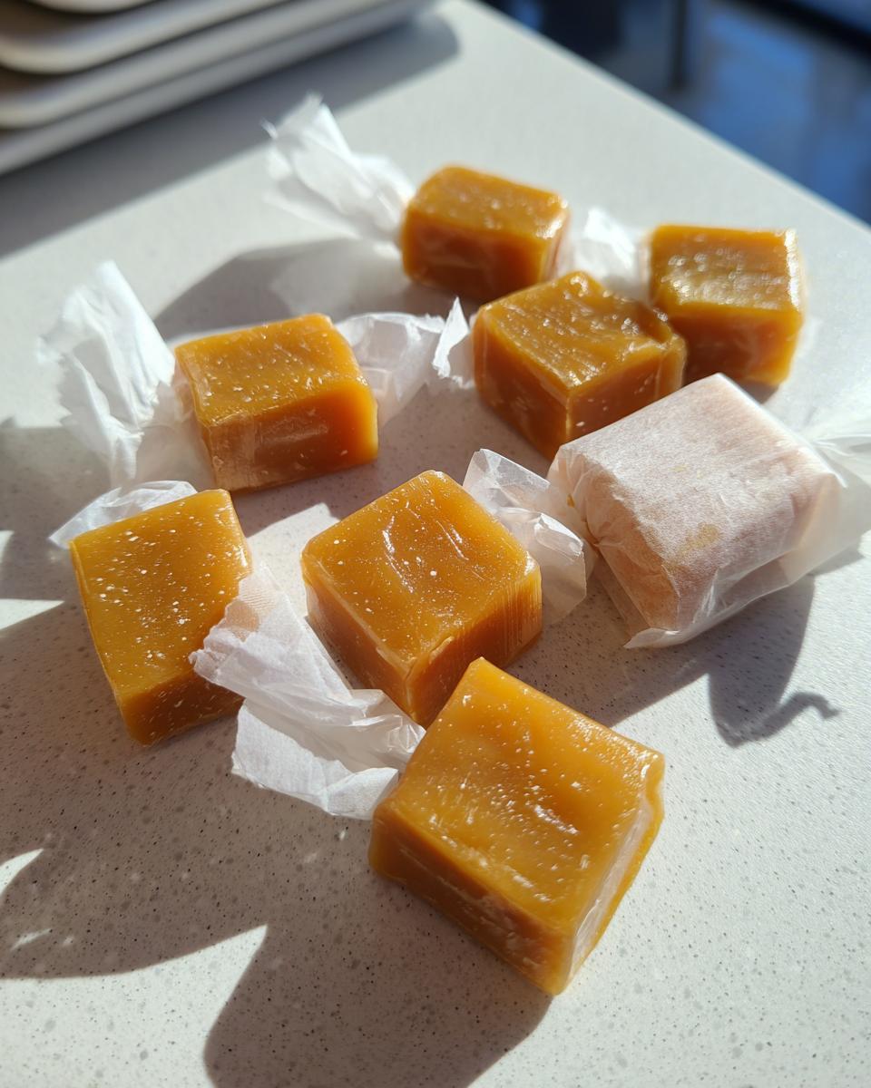 Several squares of chewy homemade caramel candy, some partially wrapped in wax paper, sit on a light countertop.